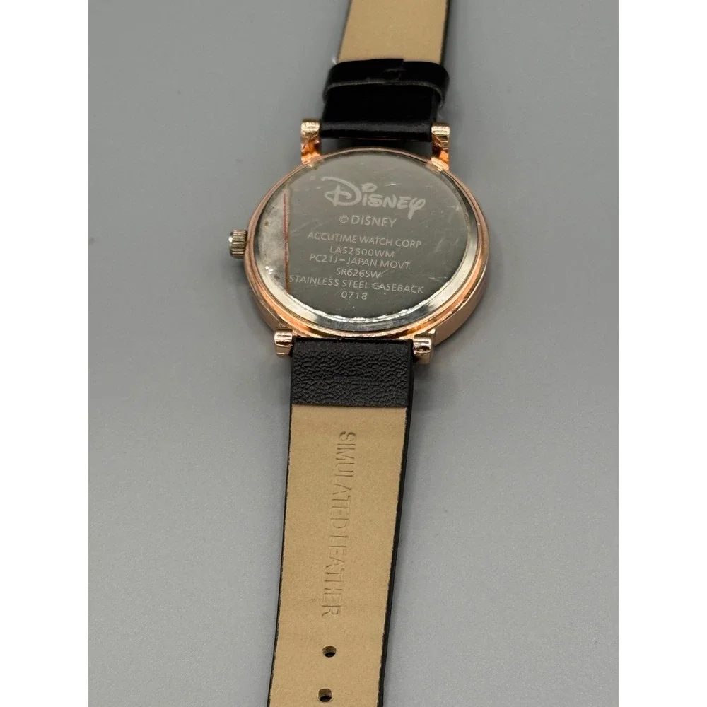 Disney Lilo & Stitch Rose Gold Tone Watch Black Faux Leather Strap LAS2500WM